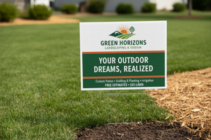 Custom yard sign with metal stake at a landscaping job site in bright natural daylight