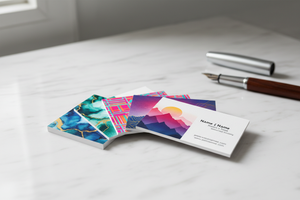 Premium thick cardstock business cards fanned out on white marble in natural daylight